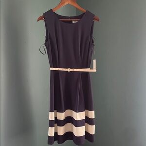 Calvin Klein Navy Midi Dress with Cream Stripes and Belt